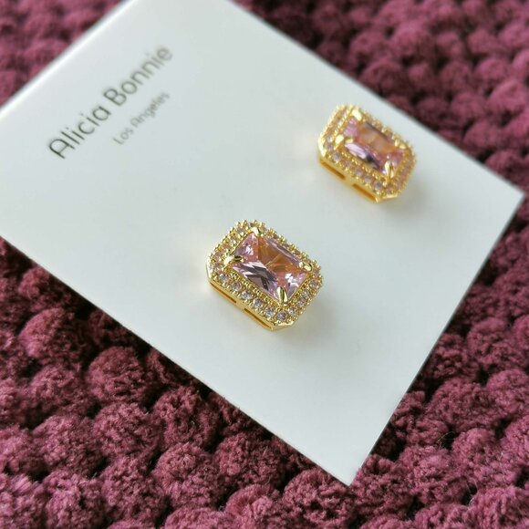 Alicia Bonnie Gold Pink Crystal Aurora Stud Earrings Elegant Jewelry Gift - Picture 2 of 3